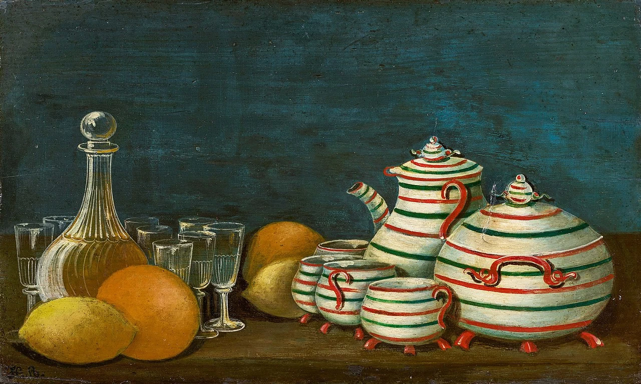 Natura morta con vetri e terracotta